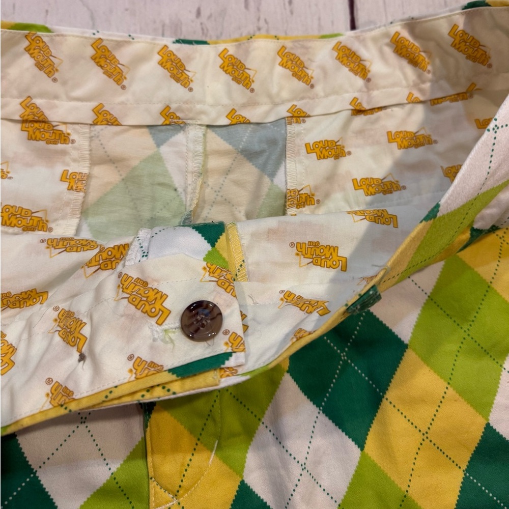 Loudmouth Golf Shorts Mens Sz 40 Green Yellow Argyle Print Cotton Stretch as is - Picture 5 of 7
